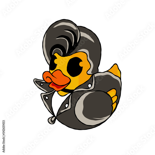 Illustration of an adorable yellow toy duck in a musician costume with a cool hairstyle