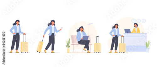 Business woman having a business trip set. Flat vector
