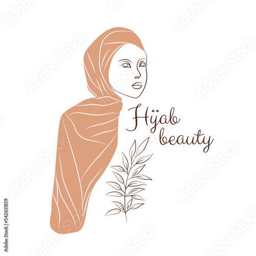 Woman in hijab. Vector logo in minimal style for boutique fashion or business. Female portrait, beautiful woman's face. Hand-drawn line art illustration.