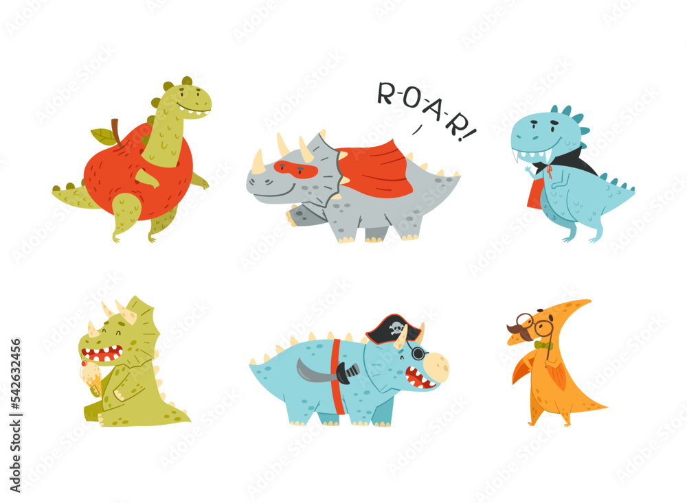 Obraz premium Funny dinosaurs dressed for carnival or masquerade costumes set. Cute colorful prehistoric animals. Childish print, book, sticker design cartoon vector illustration