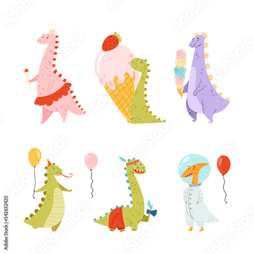 Funny dinosaurs eating ice cream and walking with inflatable balloons set. Cute colorful prehistoric animals. Childish print, book, sticker design cartoon vector illustration