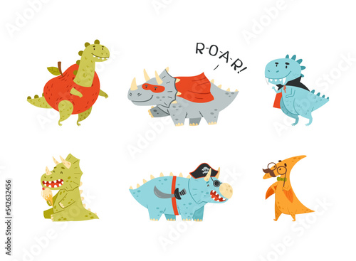 Funny dinosaurs dressed for carnival or masquerade costumes set. Cute colorful prehistoric animals. Childish print, book, sticker design cartoon vector illustration
