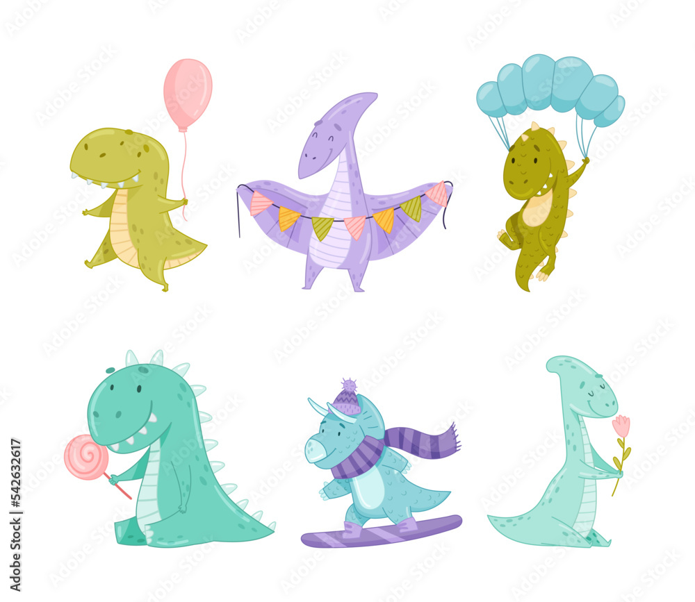 Cute dinosaurs performing outdoor activities set. Dino flying with parachute, riding snowboard, walking, eating lollipop cartoon vector illustration