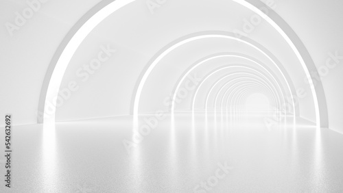 White futuristic tunnel leading to light. Wide angle. Modern style abstract 3d rendered background.