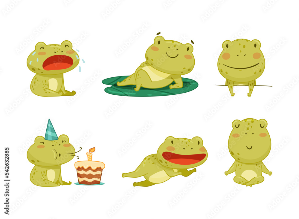 Fototapeta premium Cute frog cartoon character in everyday activities set. Green funny amphibian animal vector illustration