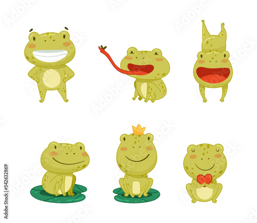 Cute frog cartoon character in everyday activities set. Green funny amphibian animal smiling, jumping, croaking, catching fly vector illustration
