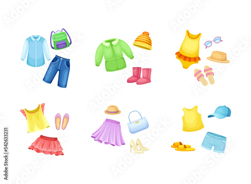 Set of female casual clothes, Fashion summer clothing cartoon vector illustration