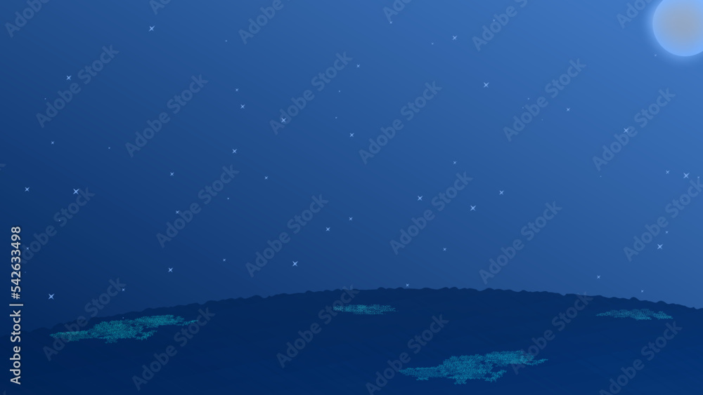 Fototapeta premium Blue gradient sky with white stars, planet with cities and moon. Background.