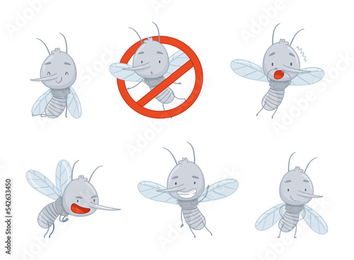Cute funny mosquitoes characters in everyday activities set. Funny parasitic insects, mosquito control cartoon vector illustration