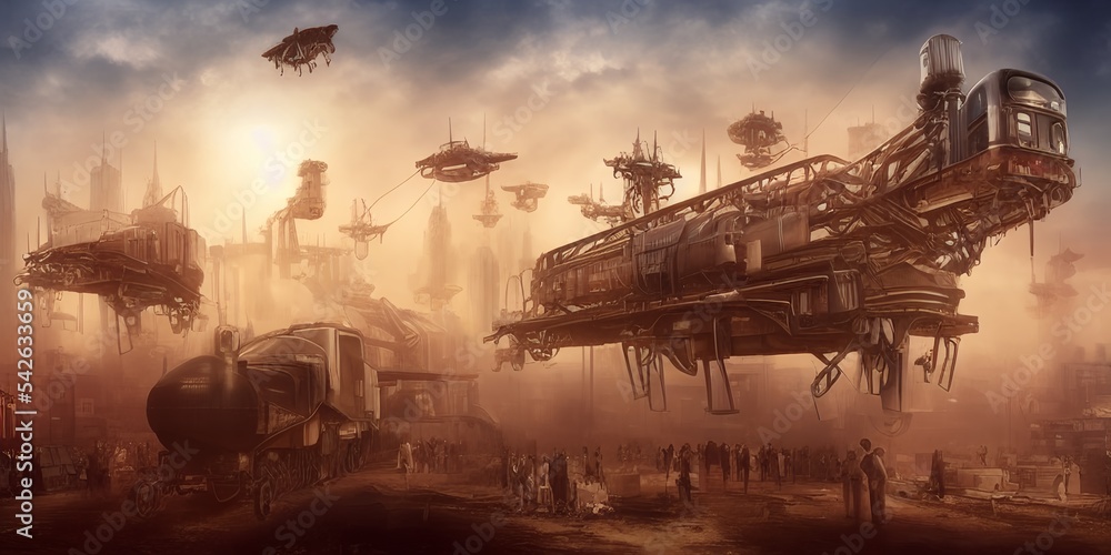 train tracks in a dystopian city fantasy illustration