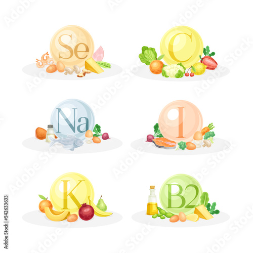 Sources of vitamins set. Se, C, Na, I, K, B2 vitamin. Healthy nutrition food and dietary supplements vector illustration