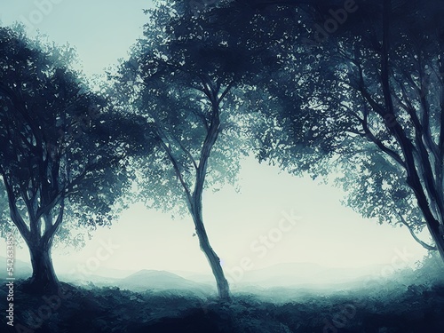 misty morning in the forest fantasy illustration