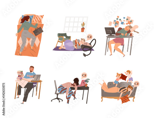 Exhausted tired people set. Professional burnout syndrome. Stressed persons, overworked employees, tired parents vector illustration