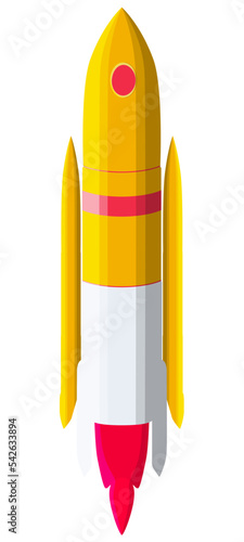 Cartoon spaceship with yellow hull and red flames isolated on white. Design element.