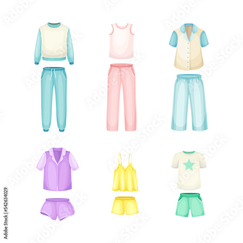Set of pajamas, sleepwear for women. Cotton textile night clothes cartoon vector illustration