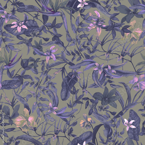 Wallpaper Mural Seamless pattern with tropical orchid flowers in vintage watercolor technique Torontodigital.ca