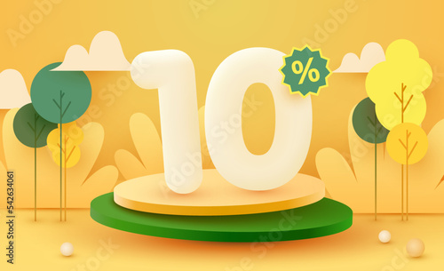10 percent Off. Discount creative composition. 3d sale symbol with decorative objects and podium. Sale banner and poster.