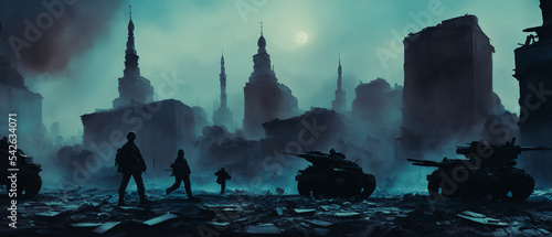 Concept illustration of a destroyed city after war  background illustration.