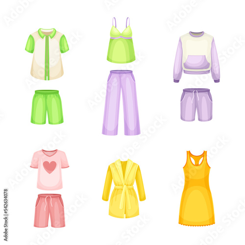 Set of pajamas, female sleepwear. Cotton textile night clothes cartoon vector illustration