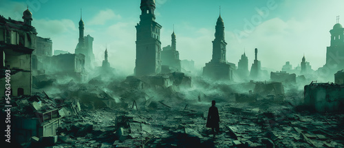 Canvas Print Concept illustration of a destroyed city after war, background illustration