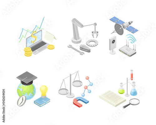 School lesson subjects and science objects set. Education supplies vector illustration
