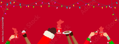 Christmas banner vector illustration, Santa Claus elf hands reindeer leg hold hot drink milk chocolate and cookies with colorful garland lights on red background holiday calibration party decoration