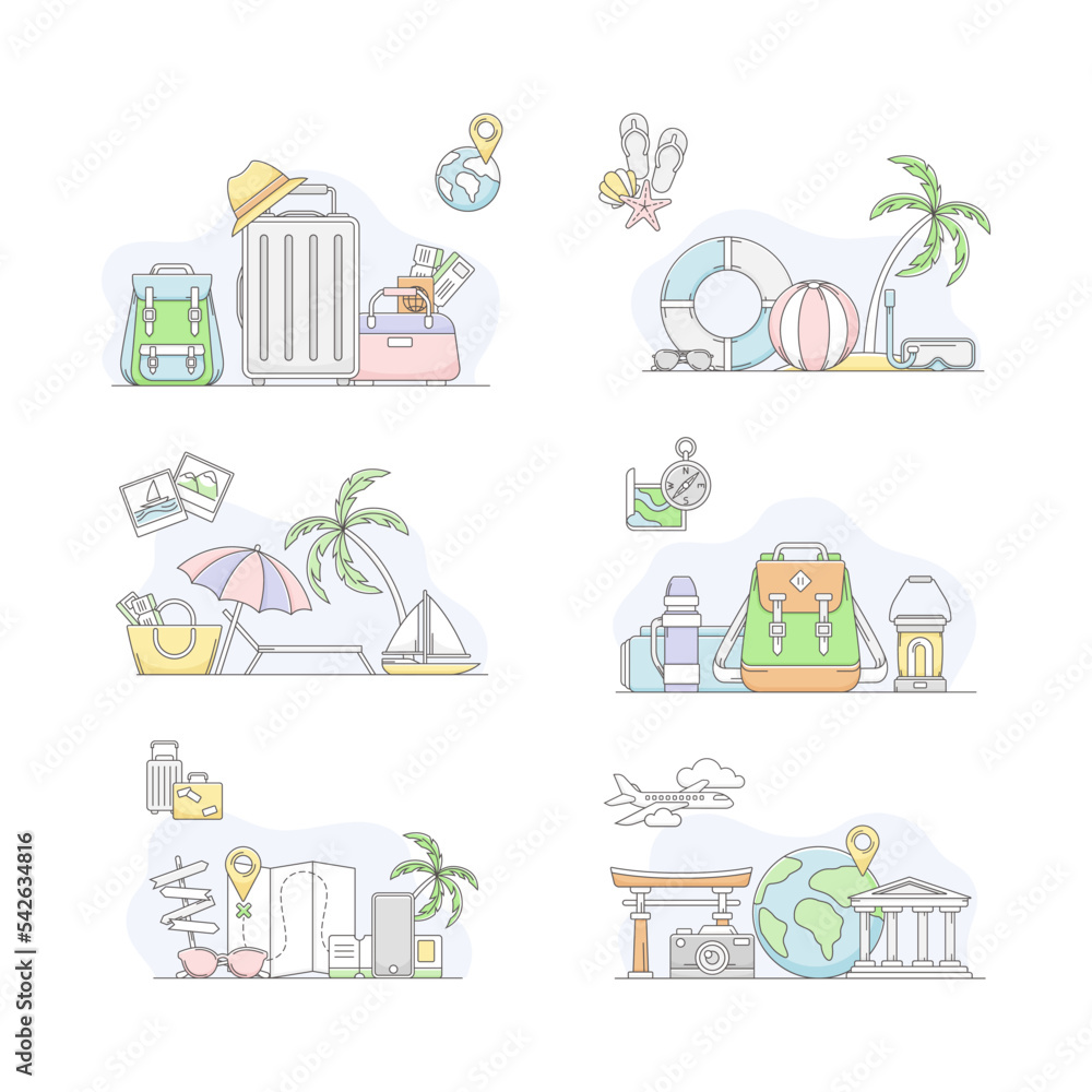 Traveling and hiking signs set. Tourism objects and accessories vector illustration