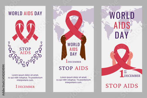 Set of flyers, posters for World Aids day. Human hands of different colour and nationality holding red ribbon. Earth, lettering, elements for any purposes. Support for hiv infected people. Vector