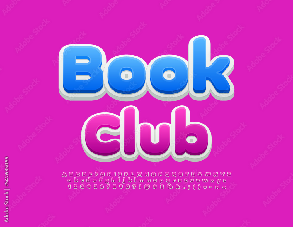 Vector bright poster Book Club. Cute 3D Font. Creative Alphabet Letters and Numbers set