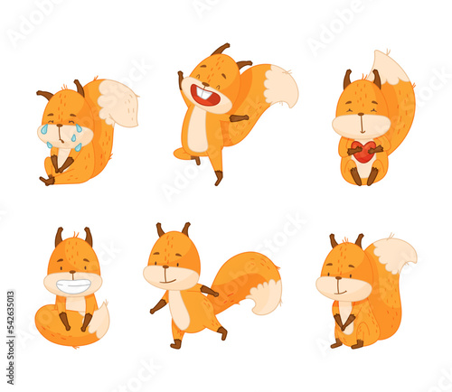 Cute red squirrel in different everyday activities set. Funny little forest animal in various poses cartoon vector illustration