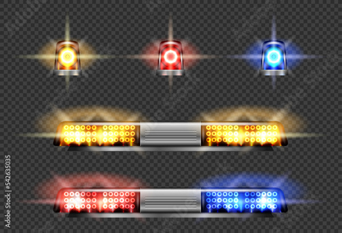Realistic emergency car flasher siren on dark background. Red, blue, yellow lighting beacons with glowing effects for emergency vehicles or service truck.