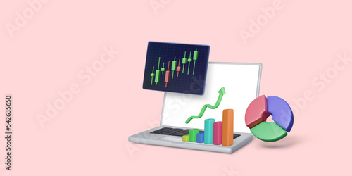 Online stock exchange trading concept. 3D Laptop with pie chart and bar diagram. Analysis and business strategy on stock market