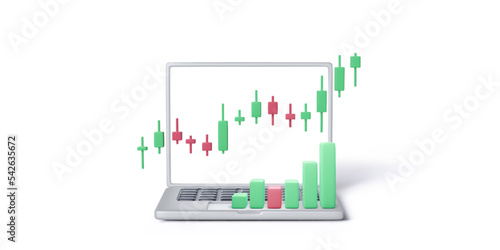 Stock exchange trading concept. Online trade on stock market. 3D render laptop, candlestick diagram and bar chart