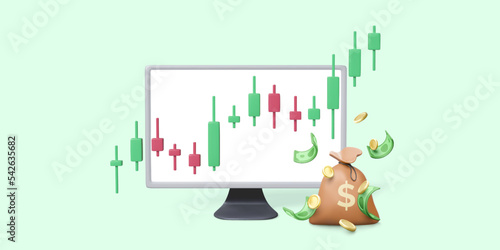 Online trading on stock exchange and binary options. PC monitor, candlestick chart, money bag with falling gold coins and green paper currency