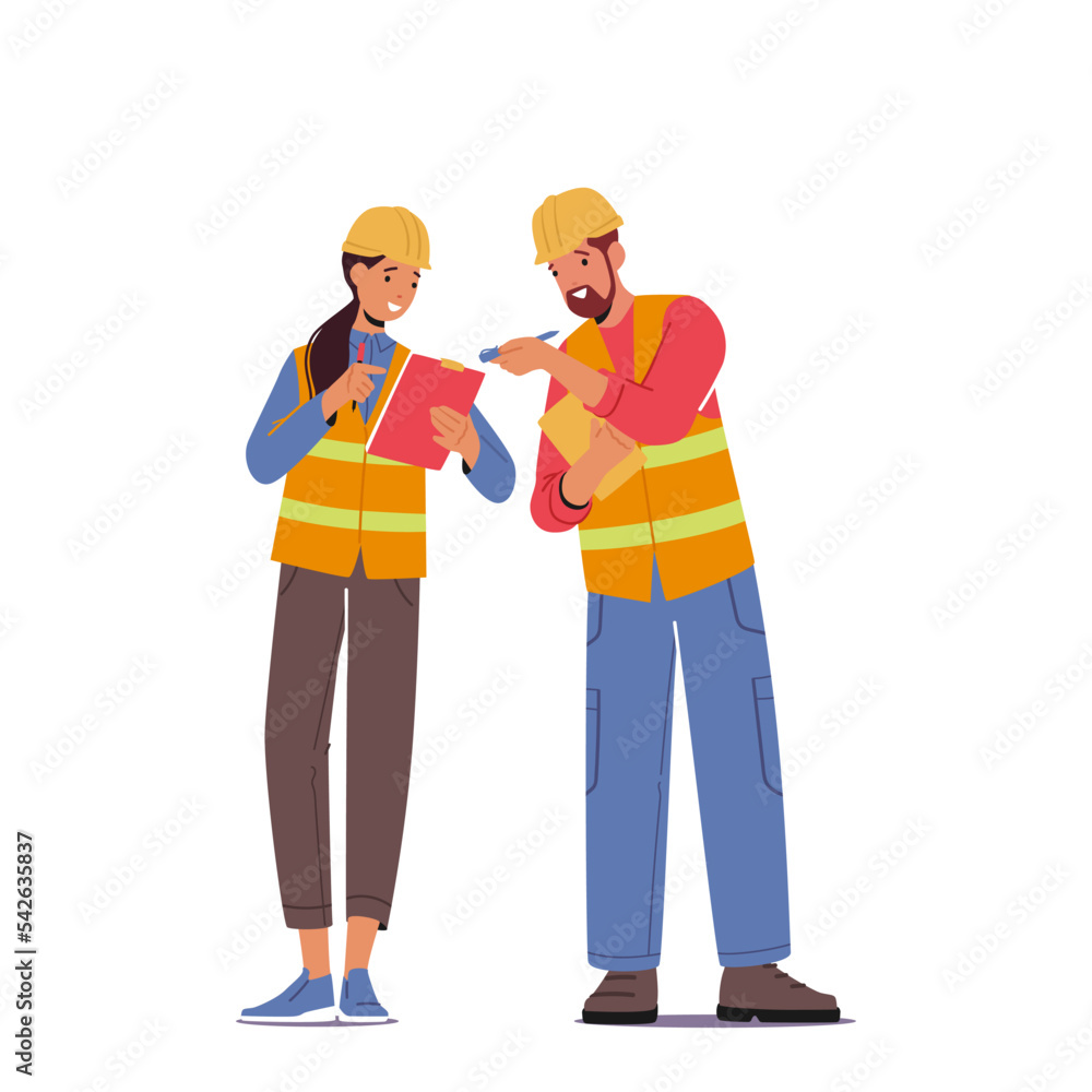 Male and Female Characters Wear Orange Vest and Hardhat with Clipboard. Warehouse Employees, Builder, Engineer Male and Female Characters Wear Orange Vest and Hardhat with Clipboard. Warehouse Employees, Builder, Engineer