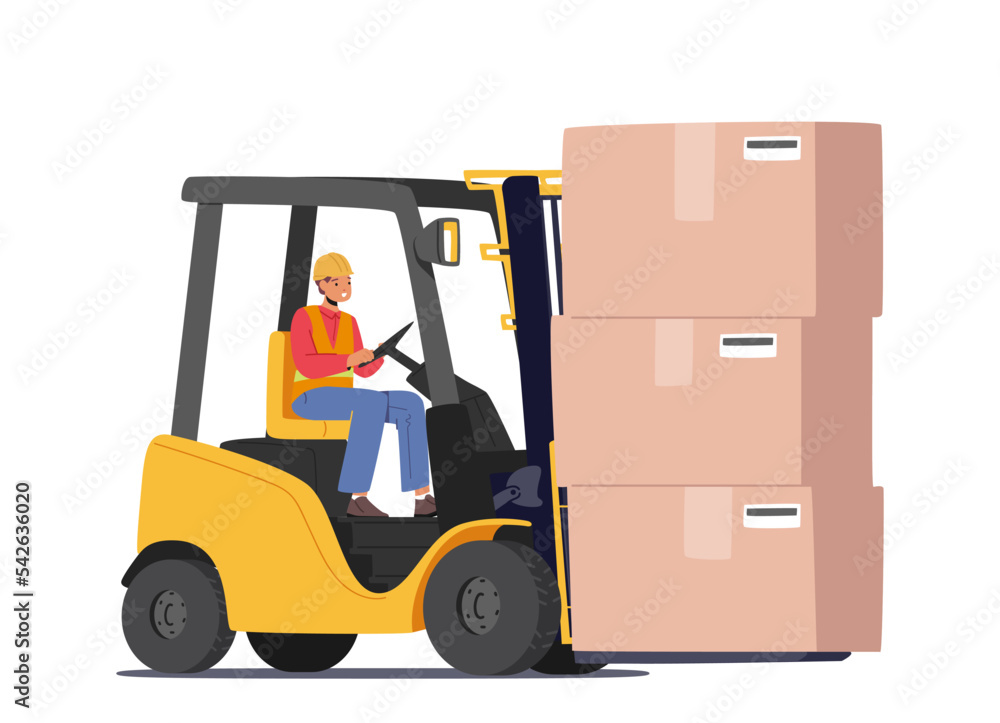 Cargo Logistics and Warehouse Service Concept. Worker Driving Forklift with Cardboard Parcel Boxes Delivering Freight