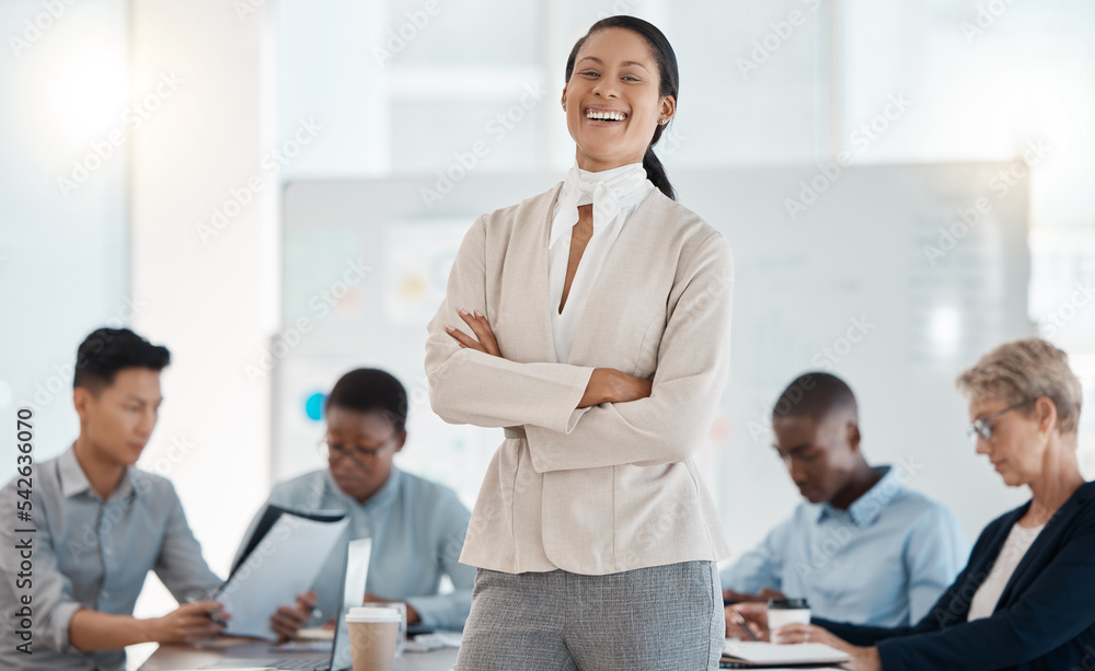 Proud, leadership and business meeting woman, manager or boss in corporate innovation portrait for success, planning goal and finance expert. Trust, our vision and professional executive management Proud, leadership and business meeting woman, manager or boss in corporate innovation portrait for success, planning goal and finance expert. Trust, our vision and professional executive management