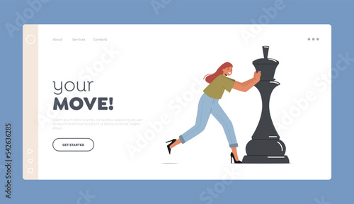 Business Strategy Plan, Management Thinking Landing Page Template. Business Strategy Plan, Business Woman Play Chess