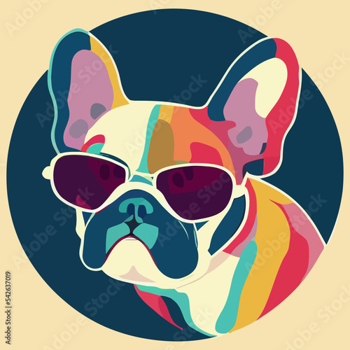 illustration Vector graphic of colorful French bulldog wearing sunglasses in circle isolated good for logo, icon, mascot, print or customize your design