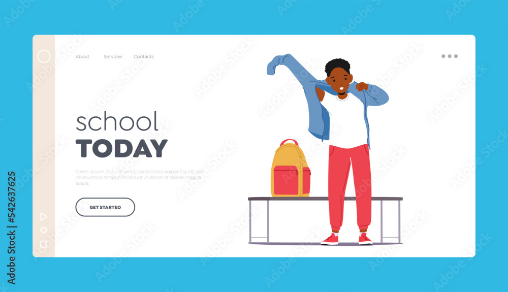 School Today Landing Page Template. Little Black Boy Dress Up Standing At Bench With Rucksack. Schoolboy Change Clothes School Today Landing Page Template. Little Black Boy Dress Up Standing At Bench With Rucksack. Schoolboy Change Clothes