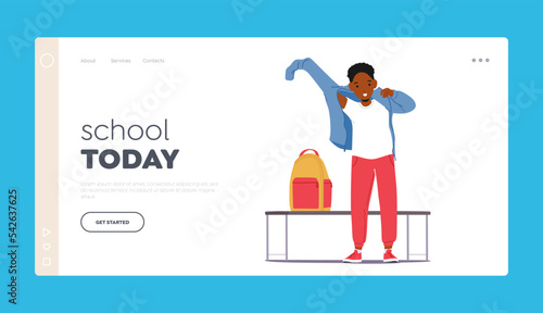 Wallpaper Mural School Today Landing Page Template. Little Black Boy Dress Up Standing At Bench With Rucksack. Schoolboy Change Clothes Torontodigital.ca