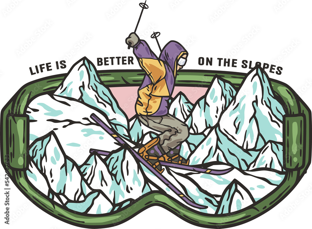 A skier descends a snowy mountain in goggles. A winter extreme active ...