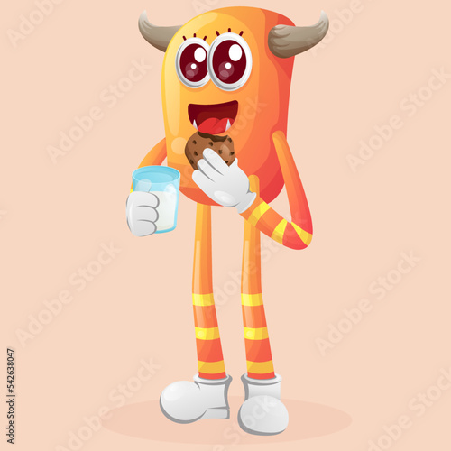 Cute orange monster drink milk and eat cookie