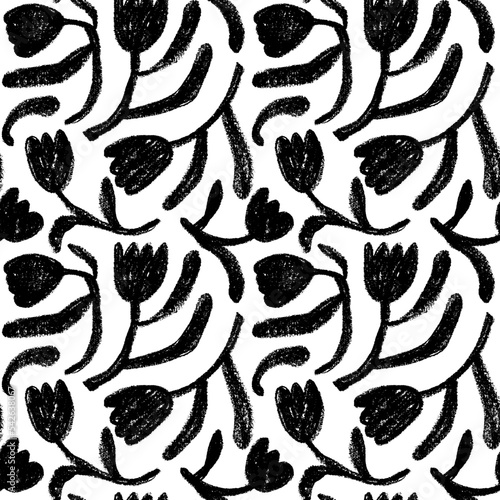 Charcoal-drawn bold tulips vector seamless pattern. Naive style pencil drawing. Hand drawn silhouettes of spring tulip flowers on bold stems with rounded long leaves. Naive and primitive style motives