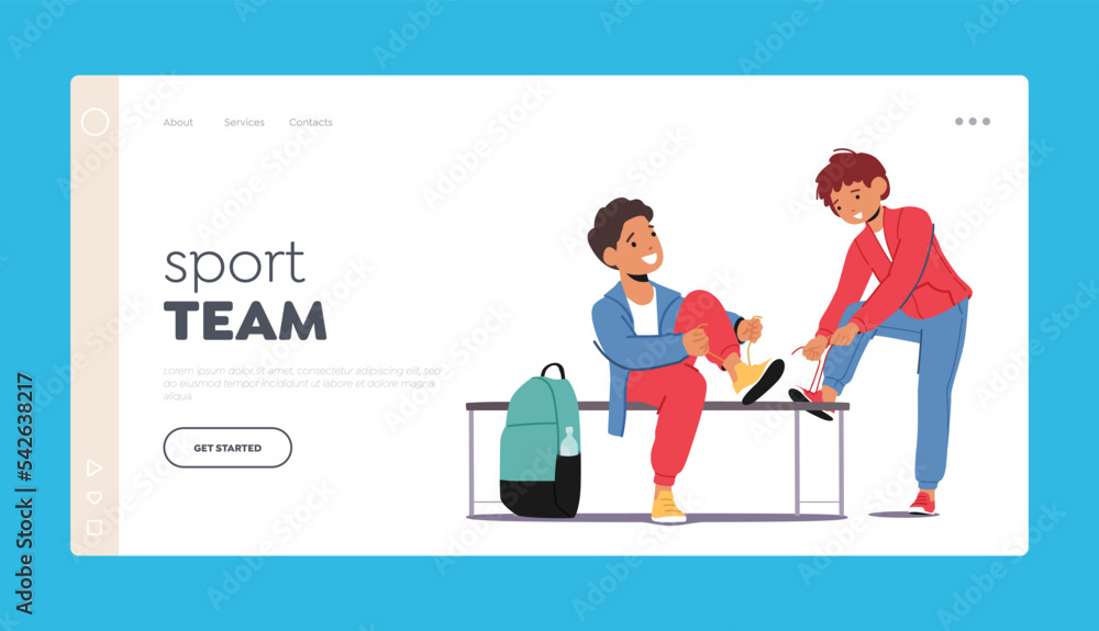 Sport Team Landing Page Template. Little Boys Friends Or Classmates Dress At Bench In Locker Room Vector Illustration Sport Team Landing Page Template. Little Boys Friends Or Classmates Dress At Bench In Locker Room Vector Illustration