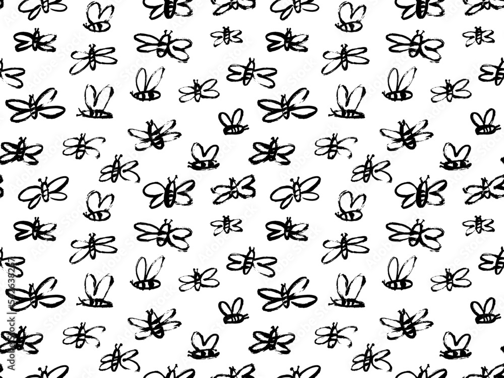 Fototapeta premium Childish style bees seamless pattern. Brush drawn abstract black flying bees. Random black and white butterflies silhouettes pattern. Trendy animal motif vector ornament. Simple insects. 