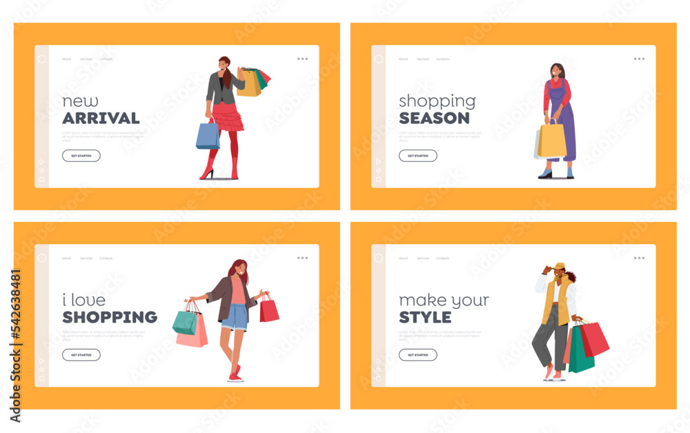 Shopping Seasonal Sale, Discount Landing Page Template Set. Young Women Holding Colorful Bags. Stylish Female Characters