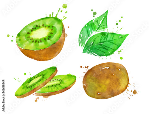 Watercolor illustration set of isolated kiwi with paint splashes