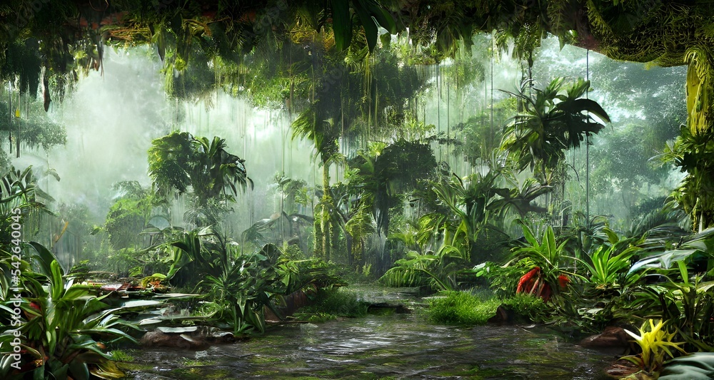 Sun shine during rain in the forest Sun shine during rain in the forest
