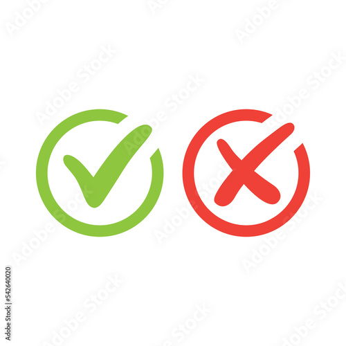 Tick symbol set in red and green circle, checkmark in checkbox vector icons. Yes and no, right and wrong icon set.